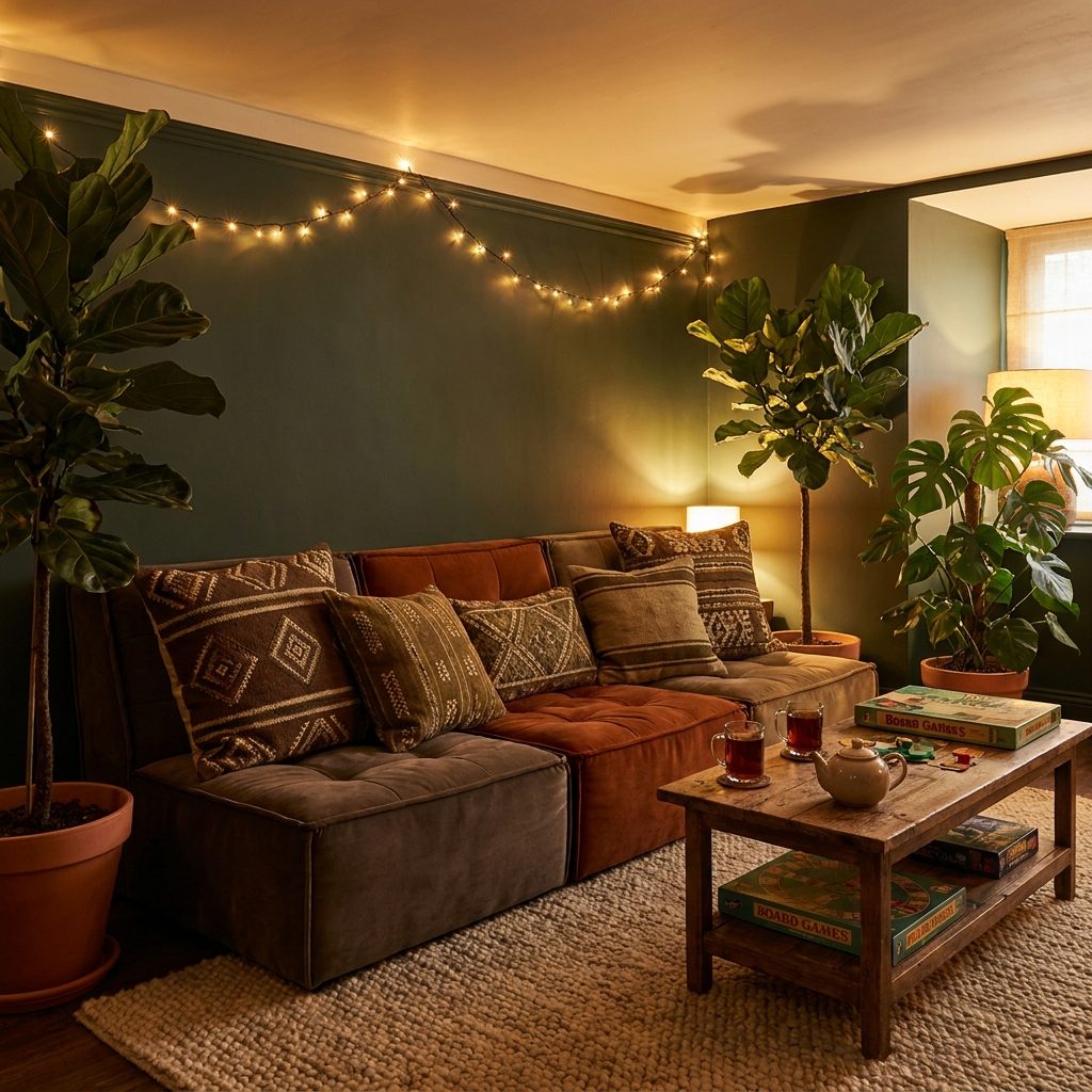 Zona chill del club con cojines y luz tenue