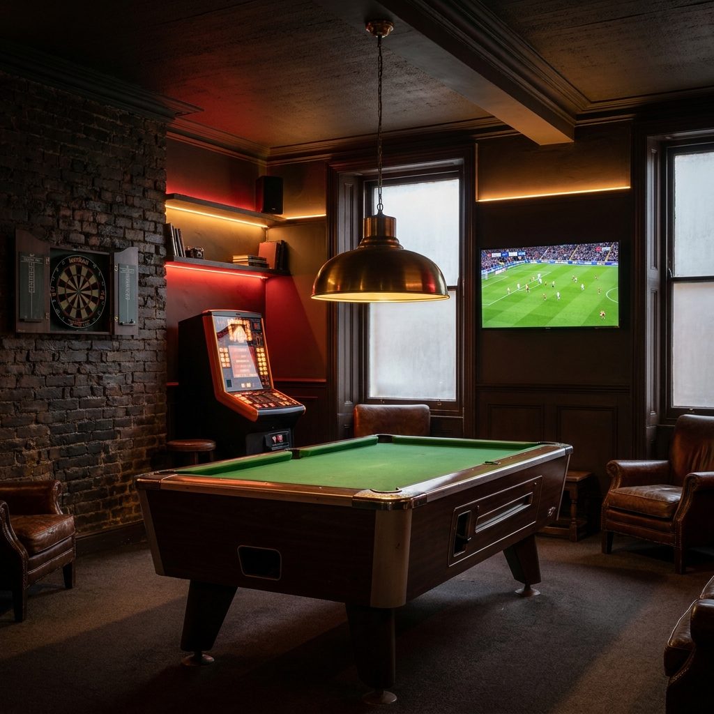 Zona de juegos del club con billar y dardos