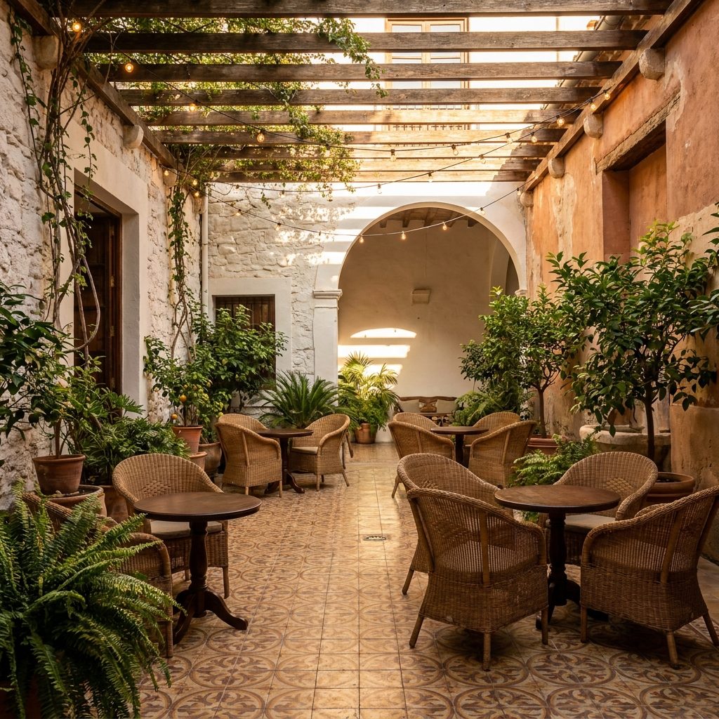 Patio interior del club con plantas y luz natural